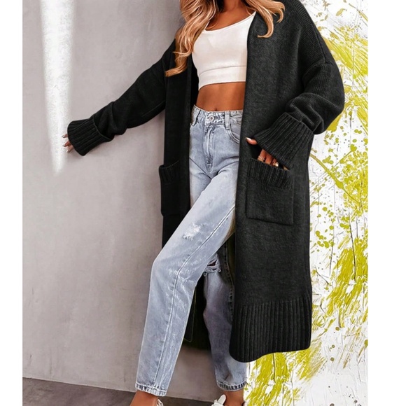 Solid Cuff Sleeve Open Front Loose Fit Cardigan - Picture 3 of 10